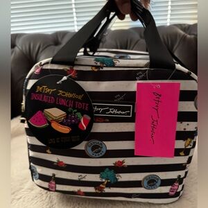 Betsey Johnson NWT Black and White Striped Lunch Picnic Tote Wine Motif